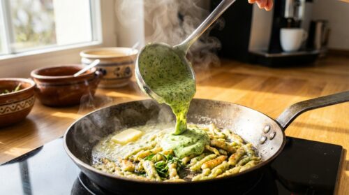 Dieser Kniff macht Bärlauch-Spätzle in 15 Min möglich: Teig direkt in die Pfanne