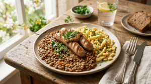 Dieses einfache Rezept mit Einlegezwiebeln macht Linsen mit Spätzle besonders aromatisch