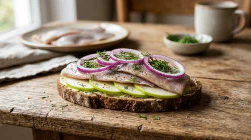 Frisch, salzig und in 10 Min. auf dem Tisch: Matjesbrot mit Apfel und Zwiebel